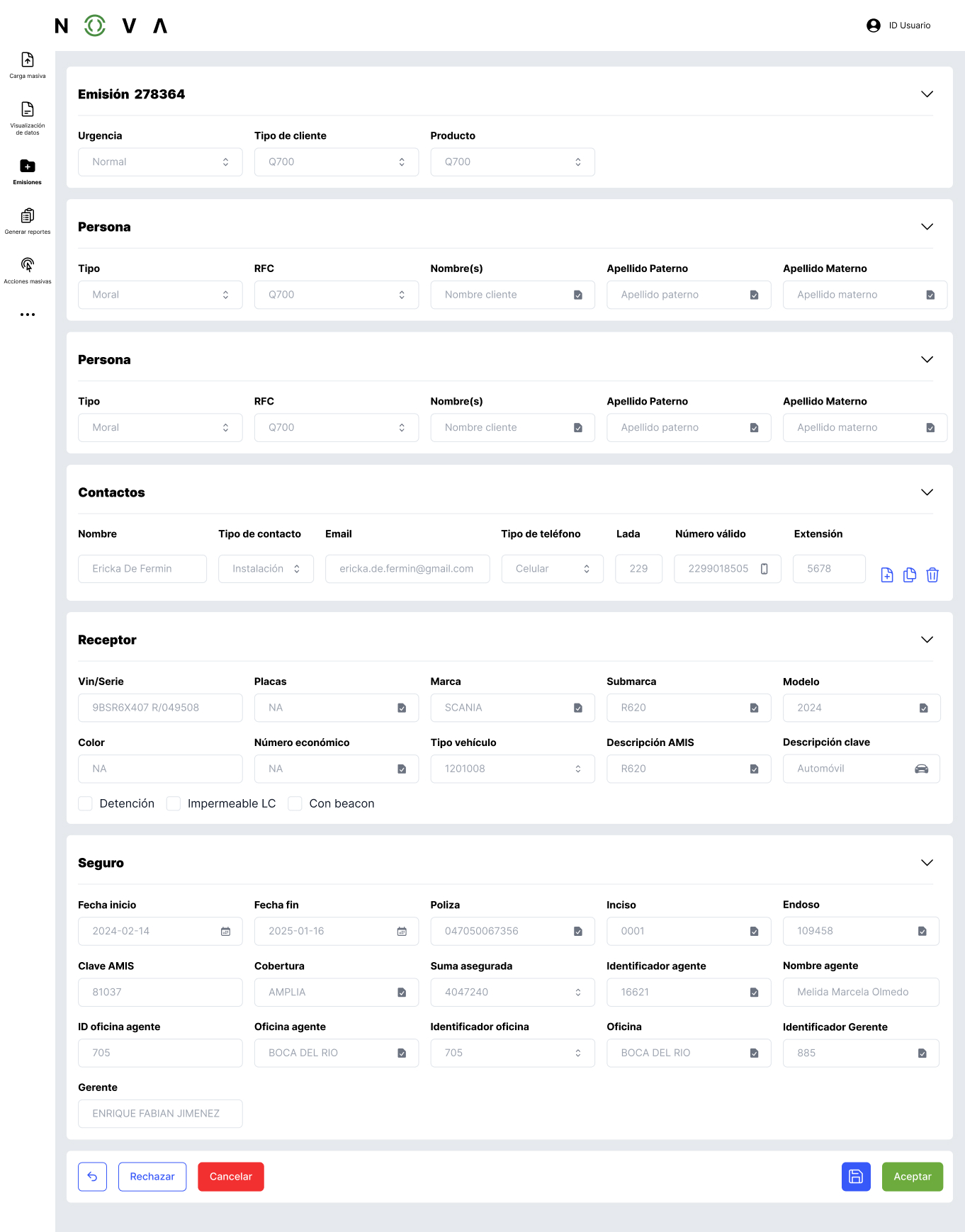 The same record expanded: person, contacts, receiver and policy in one scroll.